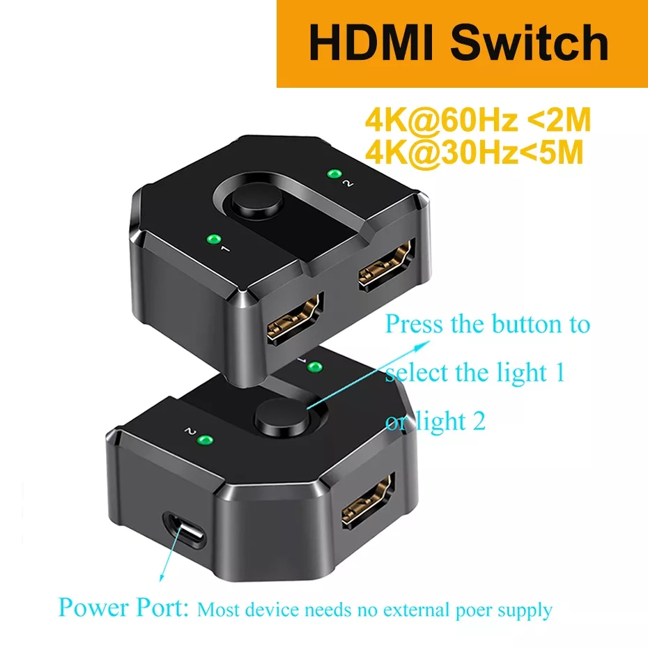 2 Port BI-direction DVI Switch 2X1 Splitter 1X2 DVI Switch 4K 30Hz HDMI-compatible switch splitter for PC laptop: HDMI 2X1