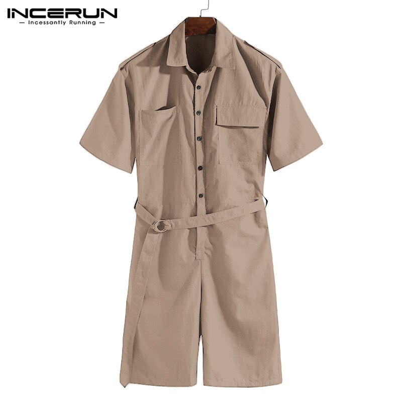 INCERUN Streetwear Männer Gesamt-spielanzug Gürtel Taschen Halbes Feste Hosen Männer Lässig Gesamt Overall Harajuku: Beige / XL