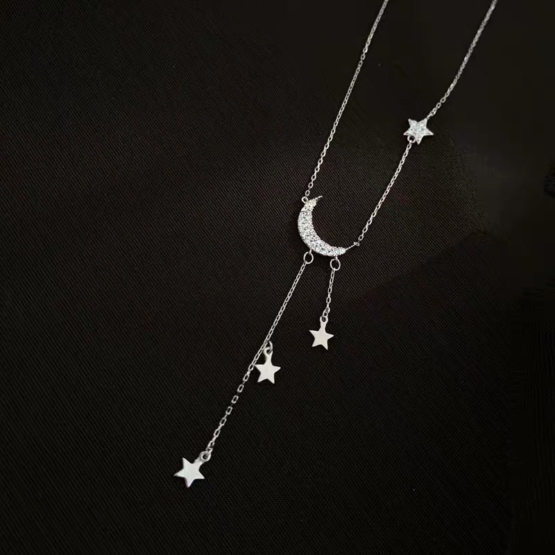 925 prata esterlina moda clavícula corrente temperamento simples personalidade lua e as estrelas borla colar para estudante do sexo feminino