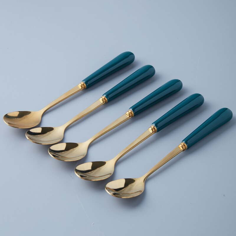 Golden Tableware Marbled Ceramic Cutlery Set Storage Tank Gold Spoon and Fork Set Mirror Coffee Fork Dinner Set: 5pcs Green spoon