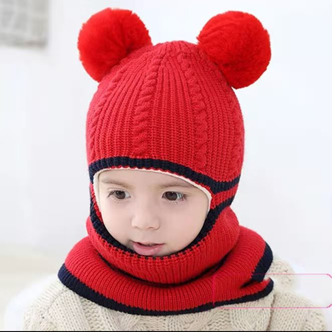 Kid Beanies Cap Scarf Set Kid Plush Ball Baby Girls Scarf Set Winter Warm Caps For Boys Girls 2-6 years old: C