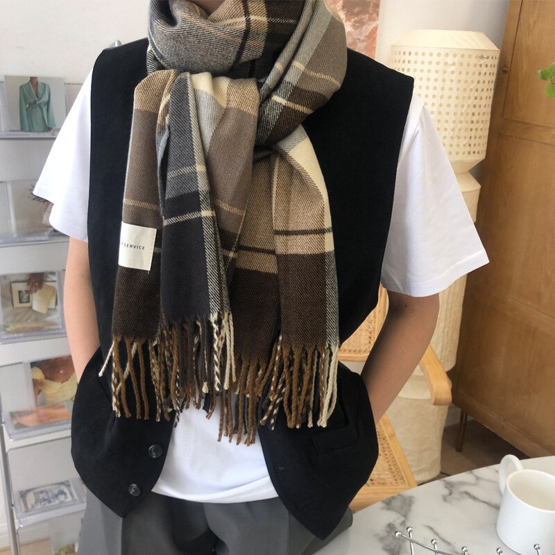 Korea Girls Scarf Women Cashmere ins Plaid Brown Scarf Warm Winter Pashmina Foulard Shawls Wraps Bandana: 01