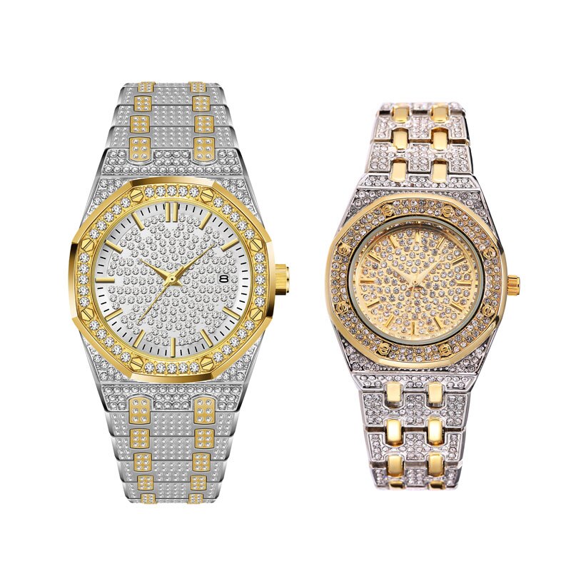 18K Gold Iced Out Lab Steentjes Luxe Rvs Analoge Quartz Waterdicht Minnaar Horloge Set Relogio masculino