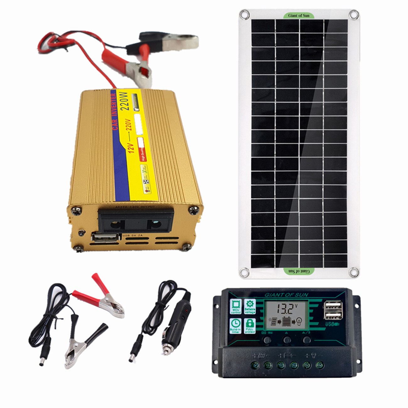 Solar Power System 220V 30W Solar Panel Battery Charger 220W Inverter USB Kit Complete 60A Controller Home Grid Camping Power