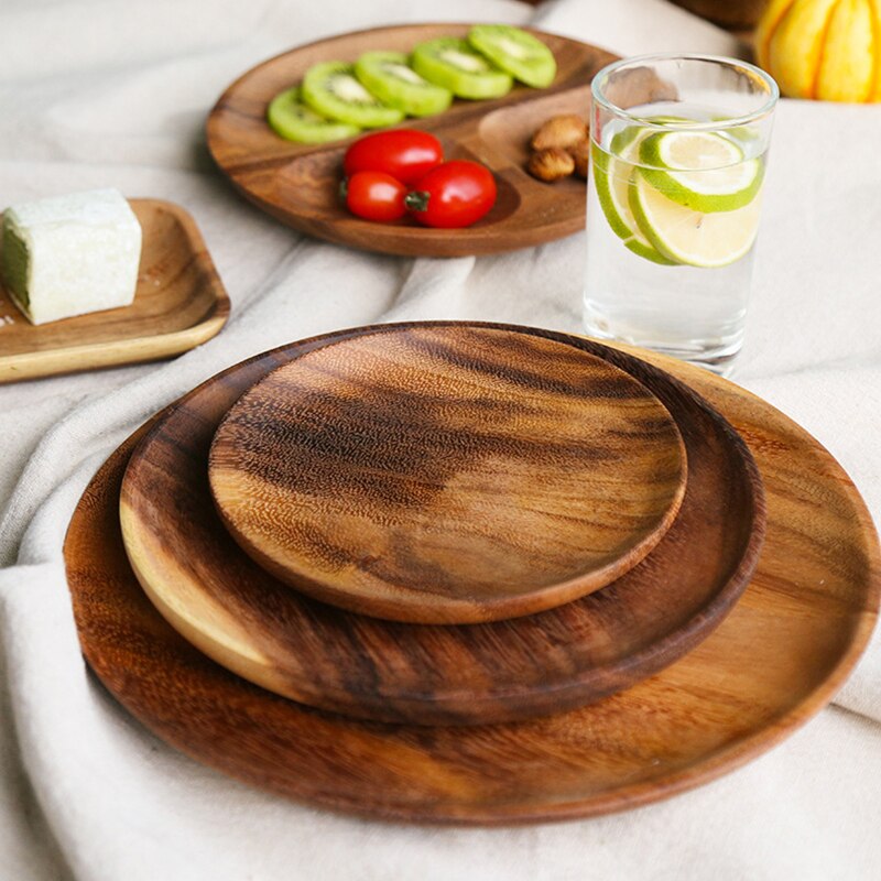 Ronde Massief Houten Plaat Hele Acacia Hout Fruit Gerechten Houten Schotel Thee Dienblad Dessert Diner Ontbijt Plaat Keuken Servies
