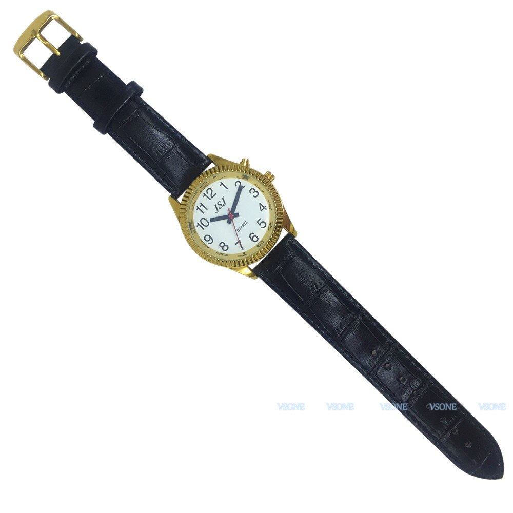 Spaanssprekend horloge met alarmfunctie, spreektijd, witte wijzerplaat, zwarte leren band, gouden kast  b4-g207w- ts