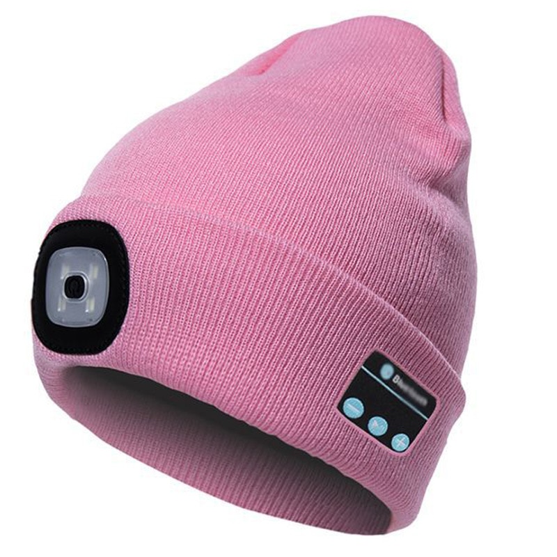 Sombrero de punto abrigado con Bluetooth, gorro con música, Auriculares deportivos estéreo inalámbricos, luz LED, para acampar, senderismo, pesca y montar: Rosa