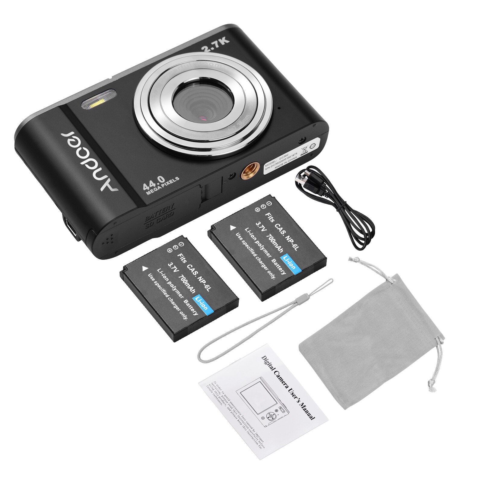 Andoer Mini fotocamera digitale 44MP 2.7K schermo IPS da 2.88 pollici Zoom 16X autoscatto 128GB memoria estesa rilevamento del viso anti-agitazione