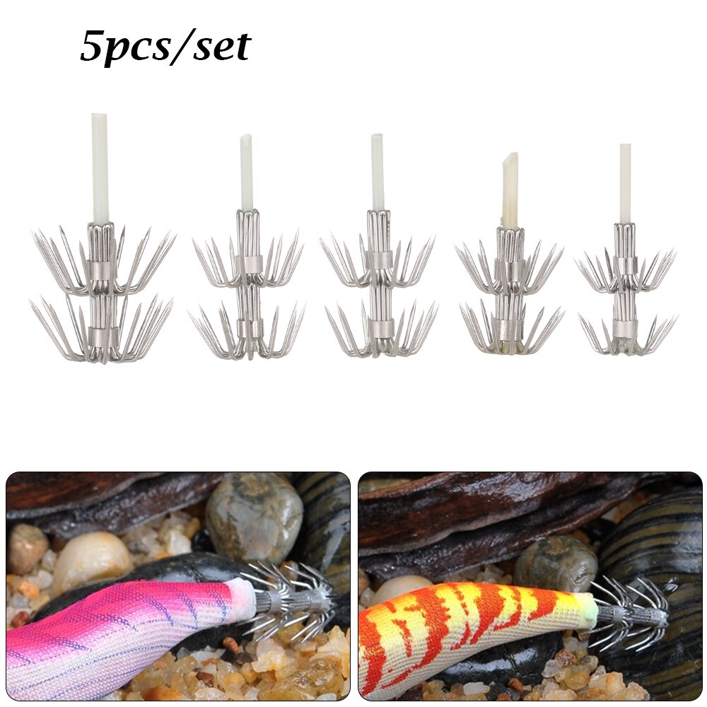 Anzuelos luminosos de calamar, cebos duros con forma de paraguas, accesorio de pesca que brilla en la oscuridad, de acero al carbono, 5 piezas