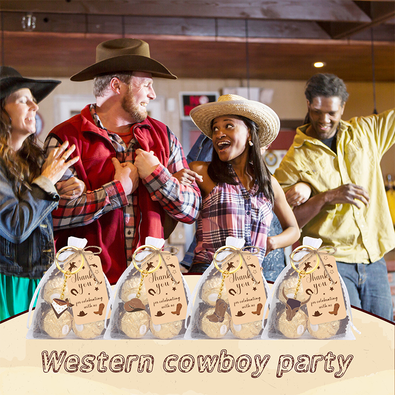 *12 set western cowboy festgåvor för gäster cowboy stövelhatt nyckelring med vita organzapåsar och tacketiketter