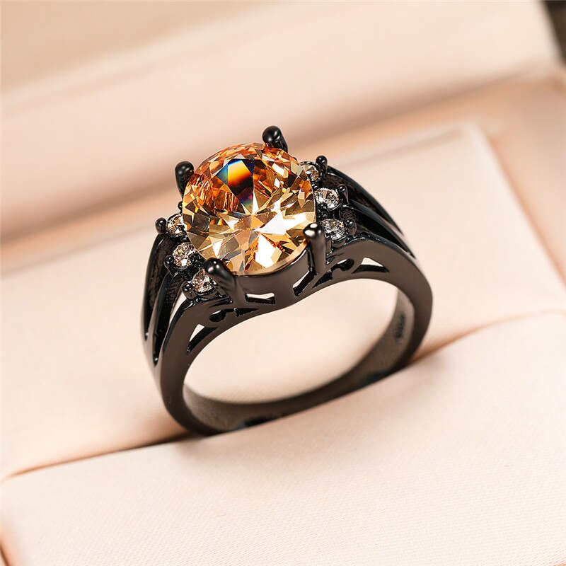 Luxury Female Big Champagne Stone Ring Vintage Black Gold Wedding Rings For Women Promise Love Oval Engagement Ring