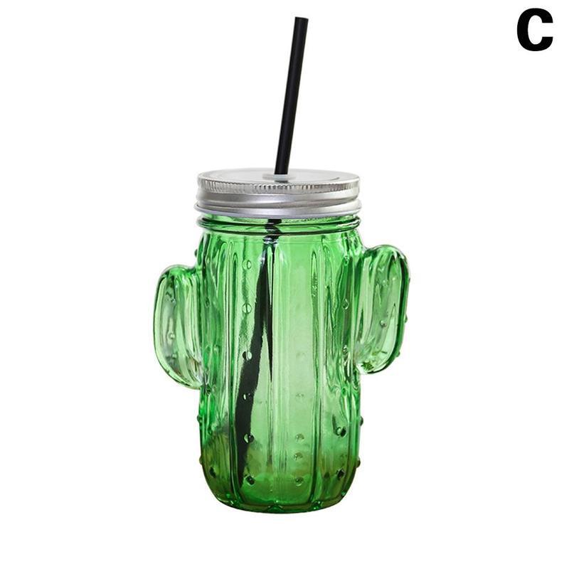 ¡Novedad de ! vaso de agua pequeño con forma de Cactus, Pajita de cristal, vaso de agua para el verano, para el hogar, zumo, bebida fría, vaso de albañil: Green