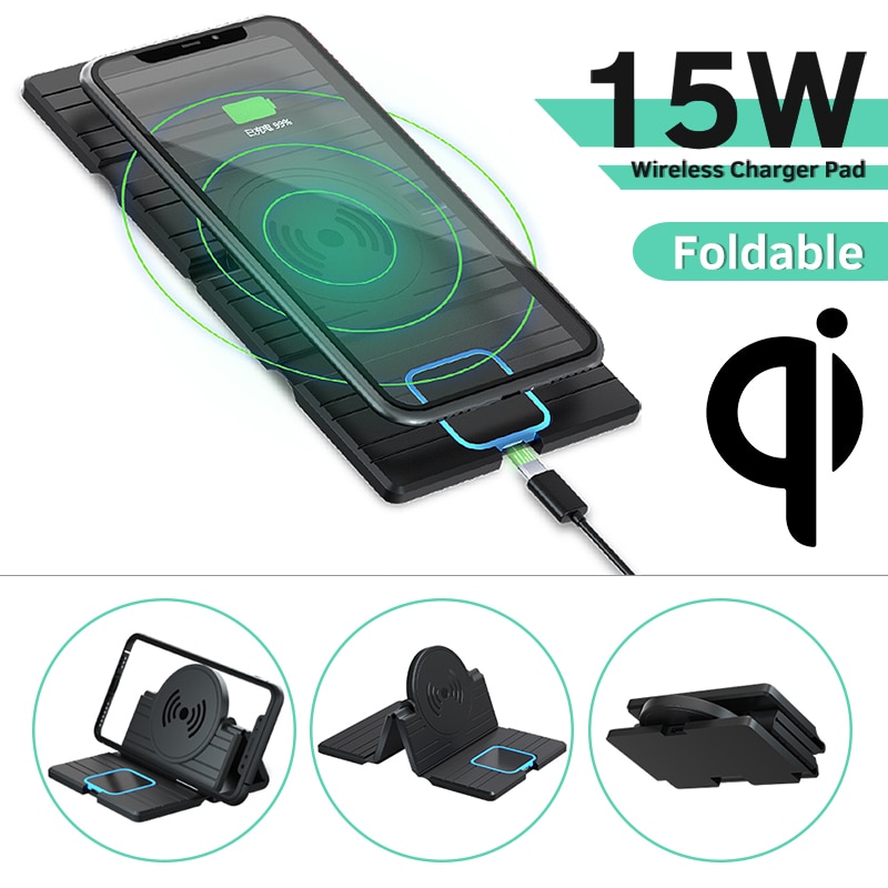 15W Qi Wireless Car Charger Pad Foldable Fast Charging Dock Station Mount Non-slip Mat Car Dashboard Holder Stand for iPhone XS