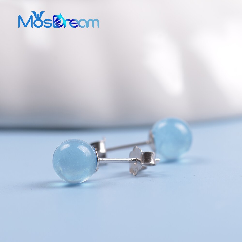 MosDream Aquamarin Ohrringe Stud s925 Silber Natürliche Edelstein Runde Blau Ohrring Schmuck für Frauen Klassische Partei