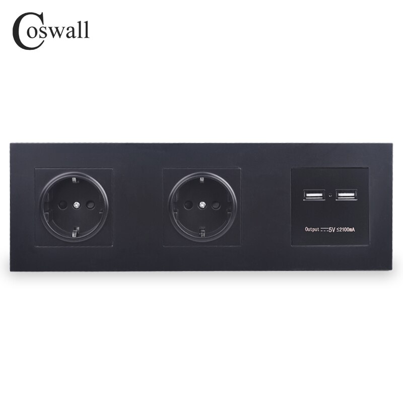 Coswall vegg pc panel dobbel stikkontakt 16a eu stikkontakt dual usb smart ladeport 5v 2a utgangsridder svart farge: Svart