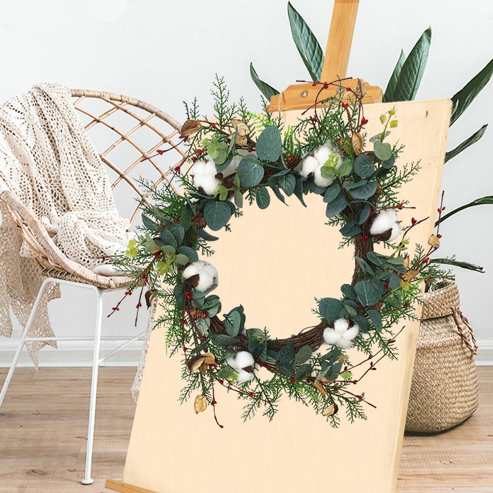 Artificial Green Leaf Wreath Eucalyptus Cotton Wreath Festival Celebration Front Door Wall Fireplace Laurel Hanger Home Decor