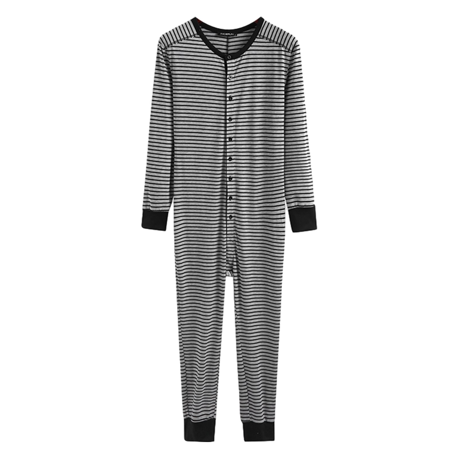 Pijama de una pieza para hombre, estampado a rayas manga larga cuello redondo botón abajo mono ropa de dormir