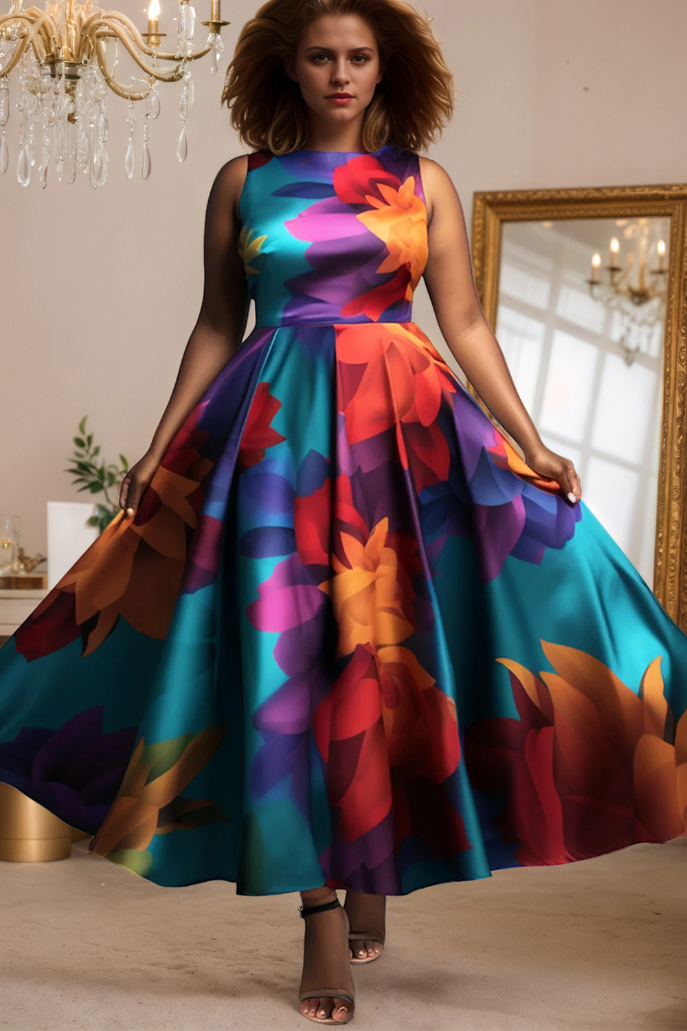 Grote maten damesjurk Mouwloos geplooid A-lijn Feestavond Maxi-jurken Bloemenprint Casual Vintage jurk met ronde hals