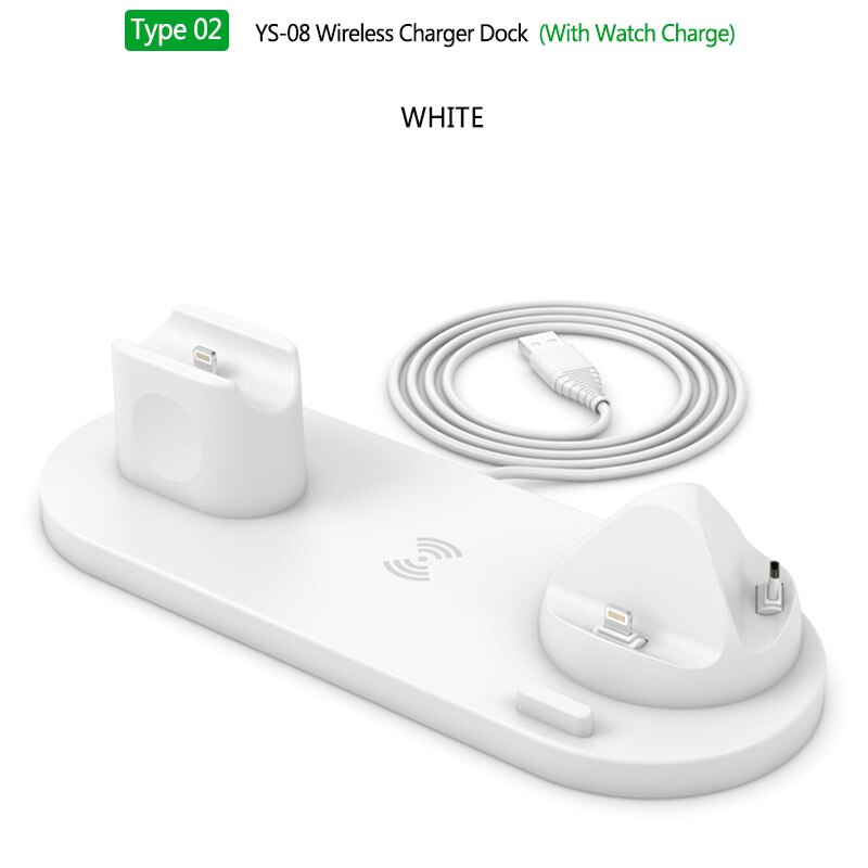 6-in-1 10W wireless charger base for Apple Watch Airpods multifunctional wireless charging station for iPhone11 Pro Max: Type 2 Dock White