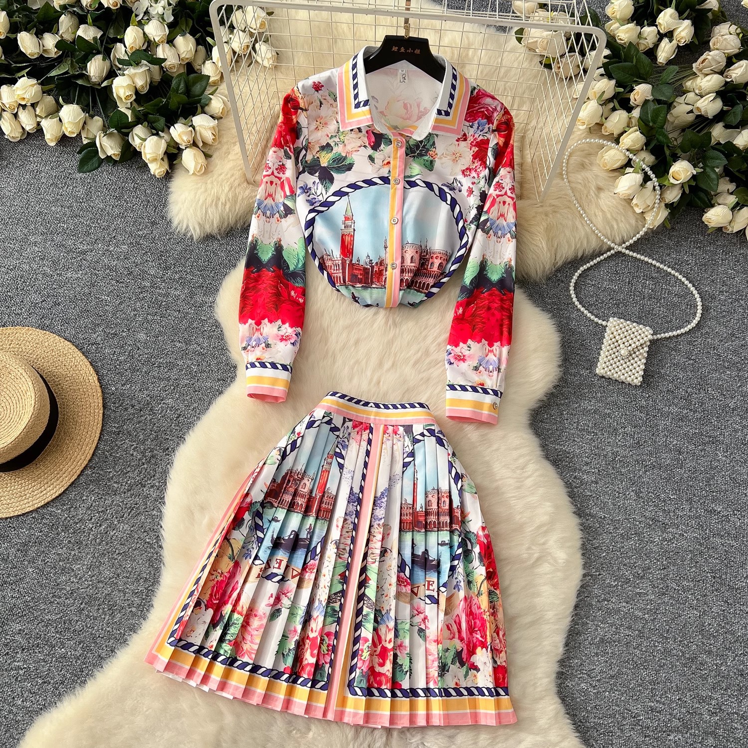 Sommar catwalk vacker blommig kjol kostym långärmad tryckt skjorta toppar + veckad minikjol dam s 2- delade outfits kjol: M / Brun