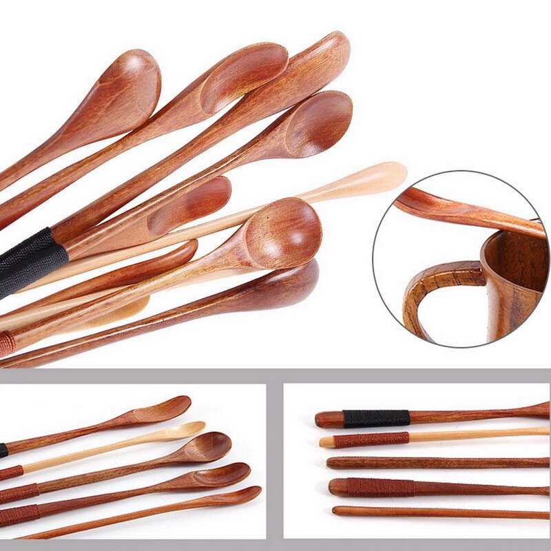 Punho longo colher de madeira natural colheres de chá de café de madeira alongamento mexendo colher 20x1.7cm cozinhar catering colher cozinhar ferramentas