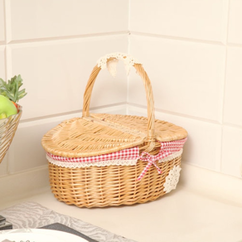Wicker Willow Woven Picnic Basket Hamper with Lid and Handle Camping Picnic Shopping Food Fruit Picnic Basket