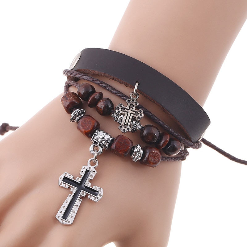 4 Layers Charm Bracelet for Women Men Leather Rope String Beads Jesus Christ Cross Jewelry 17cm Adjustable Handmade