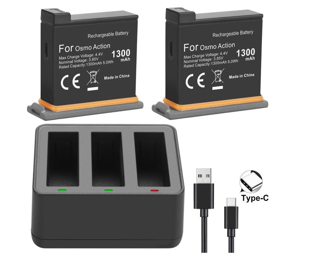 Osmo handling batteri  + 3 havn smart hurtiglader til dji osmo sportskamera: 2 batterier med lader