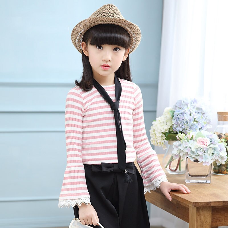 Pull coréen d'automne pour fille, haut à manches évasées en dentelle, t-shirt à manches longues avec rayures, pour fille de 8 10 12 ans: Rose / 7