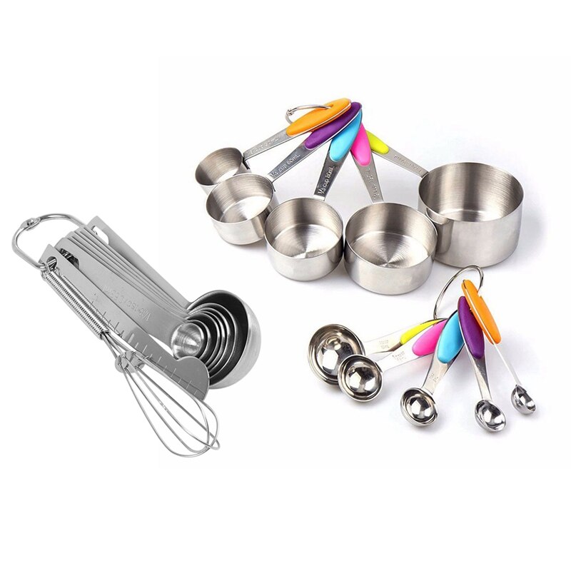 Set van 10 lepels en maatbekers van roestvrij staal met handvatten & 9 stapelbare maatlepels, maatbeker van roestvrij staal