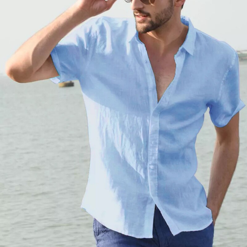 Herren lässig Kurzarmhemden Freizeit Straße tragen Revers Taste-Nieder Einfarbige Hemden für Männer Jahrgang Urlaubsbluse M-3XL