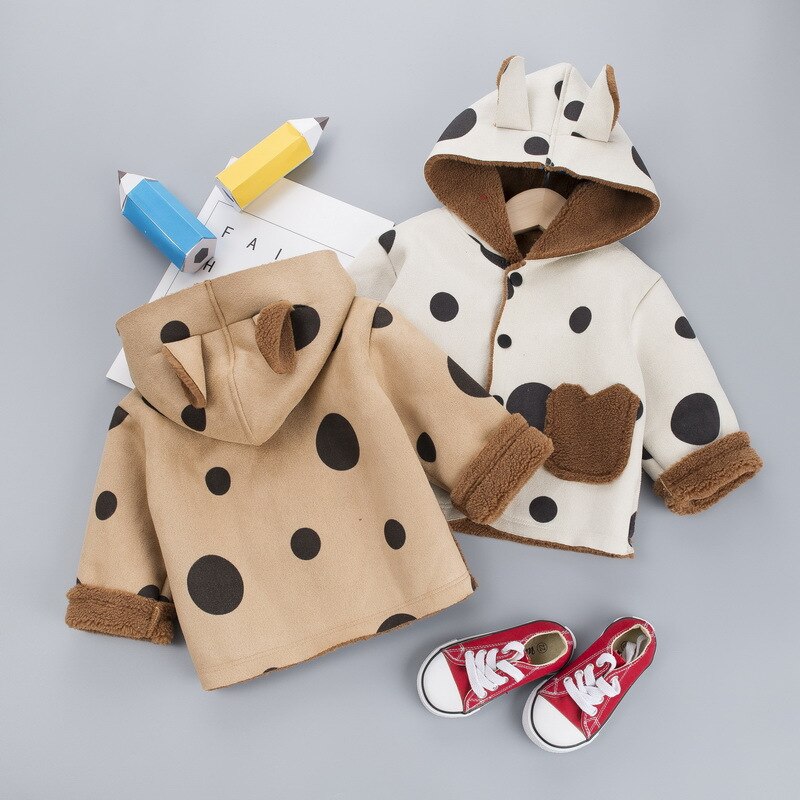 Outono inverno bebê menina menino quente jaqueta 3d orelhas com capuz casaco quente outerwear para crianças crianças polka dot roupas 1-3 anos