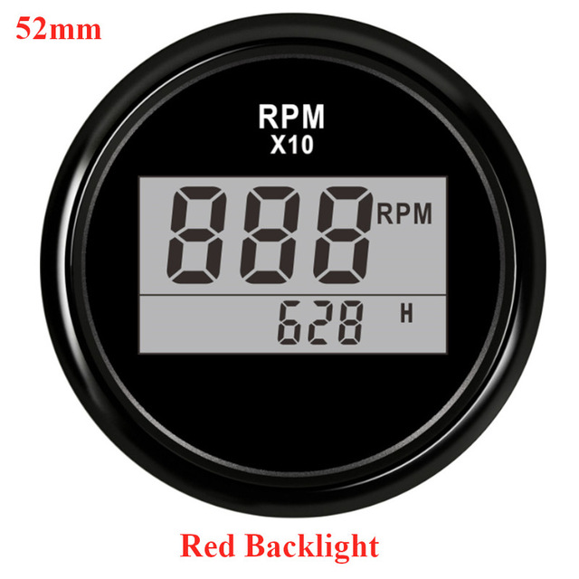 Tachymètre étanche pour bateau | 85mm rpm mètre avec sabot LCD 4000/6000/8000 RPM Tacho mètre avec rétro-éclairage rouge 12V 24V: Black 52mm