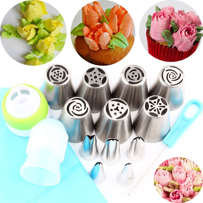 2 koppeling 1 Borstel 1 Nozzles Tas Taart Decoreren En 5 Pcs Bladeren Piping Icing Nozzles + 7 Pcs Tulip gebak Russische Tips