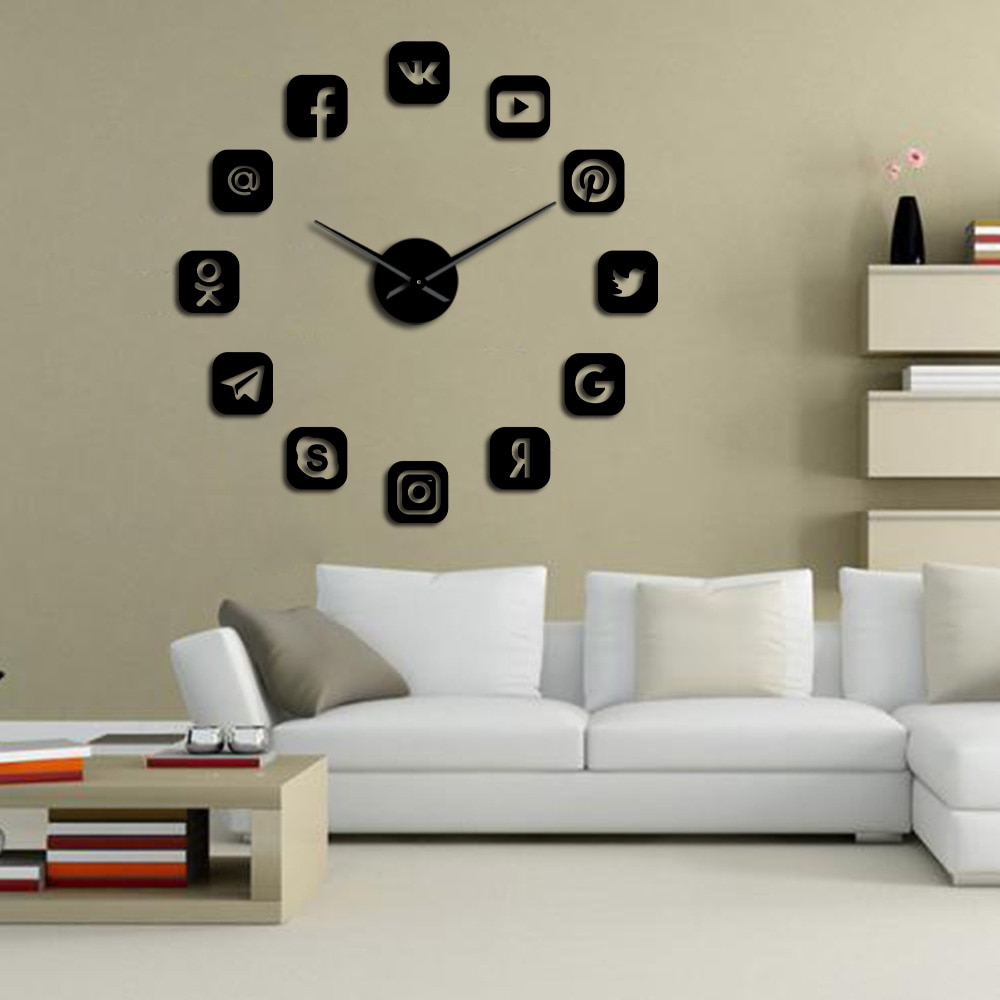 Social Media Symbols DIY Giant Wall Clock Watch Office College Dorm Decor 3D Frameless Icons Wall Time Clock for Teenagers