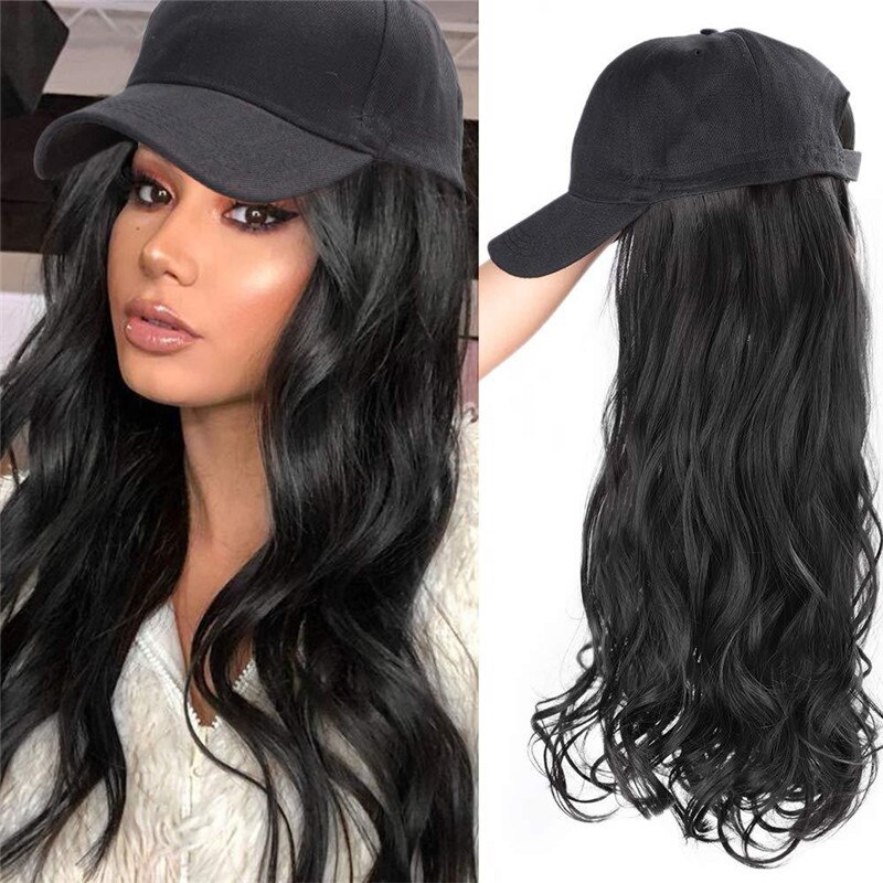 Long Synthetic Baseball Cap Hair Wig Natural Black / Brown Wavy Wigs Naturally Connect Synthetic Hat Wig Adjustable For Girl: Black