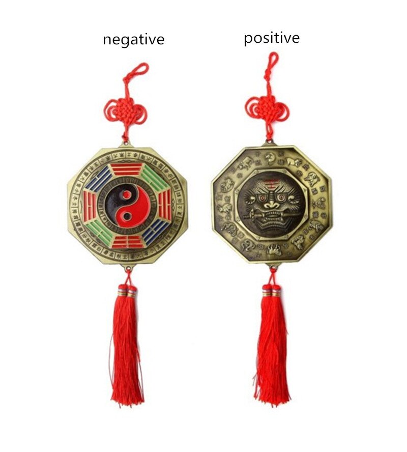 Miroir Feng Shui Foo pour la Protection de la maison, ornement Feng Shui Foo chien mordant une épée baguette avec pompon à nœud chinois pour le bureau, Protection de la famille