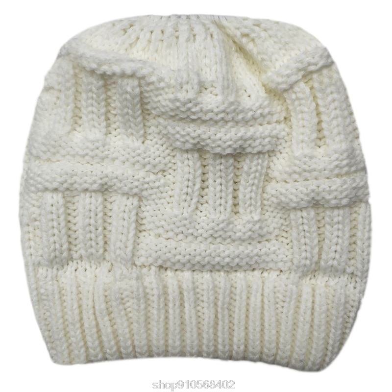 Chunky Plaid Knitted Beanie Hat with Ponytail Hole High Messy Bun Solid Color Stretch Skull Cap Ear Warmer N06 20: W