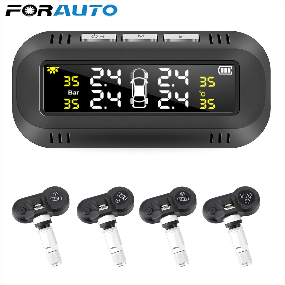 Car Tire Pressure Monitoring System 4 Internal Sensors Tyre Temperature Warning Alarm Kit Digital Display Solar TPMS