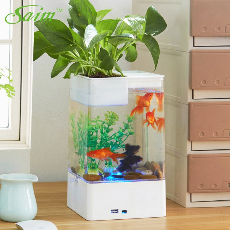 Saim Aquariums USB Fish Bowl LED Colorful Fish Tank Lighting Aquarium Plants Desktop Fishes Box Acrylic Goldfish Tank