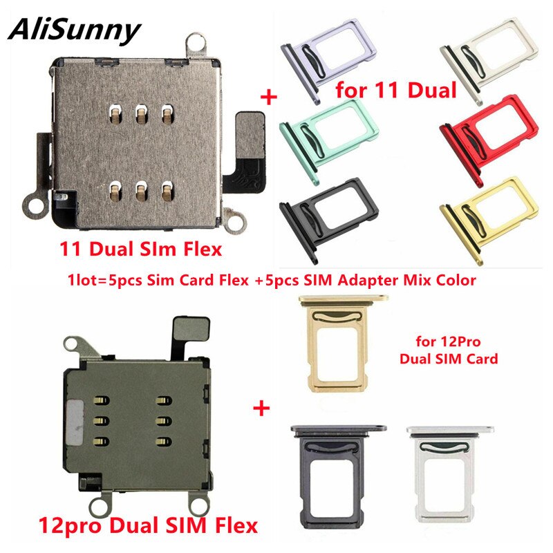 AliSunny 5set Dual Sim Card Reader Connector Flex Cable + Tray Slot Holder Adapter for iPhone 11 12 Pro Max XR XSMax Parts