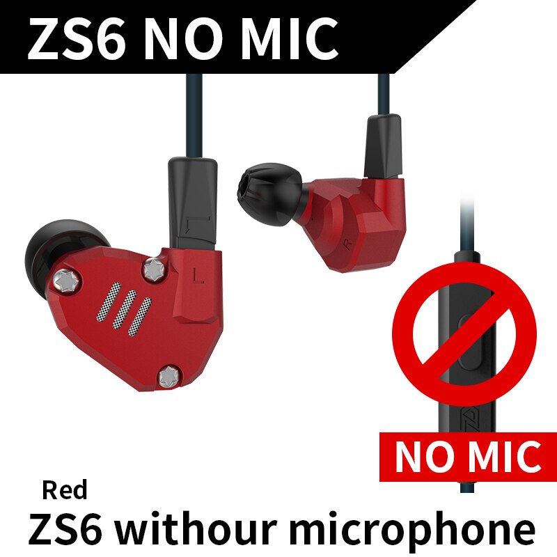 AK KZ ZS6 2DD+2BA Hybrid In Ear Earphone HIFI DJ Monito Running Sport Earphones Earplug Headset Earbud KZ AS10 ZST ZS10 AS16 ZS7: red no mic