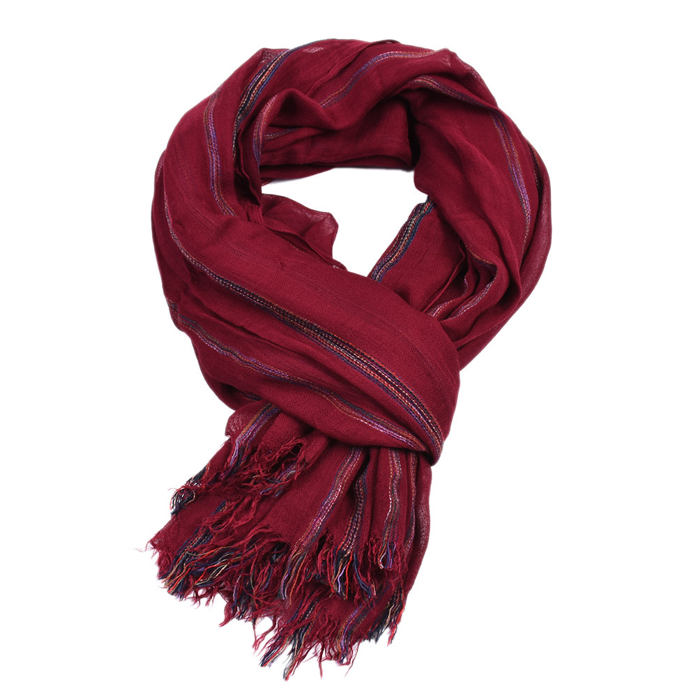 Red Cotton Linen Men Scarf Spring Autumn Striped Tassel Scarf Men Ethnic Style Male Accessories: Red