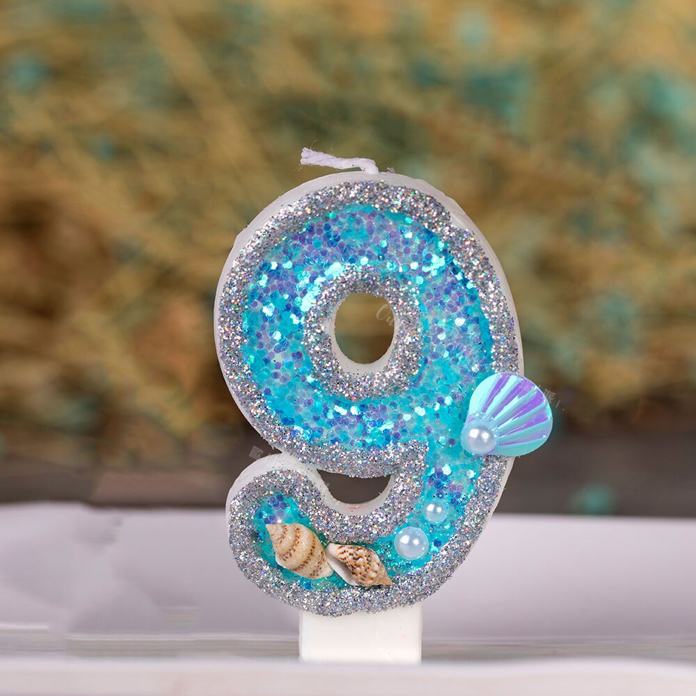Decoraciones azules para pastel de cumpleaños de bebés y niños, vela de concha de océano brillante para Baby Shower, recuerdo para niños de 0 a 9 velas, suministros para hornear: 9
