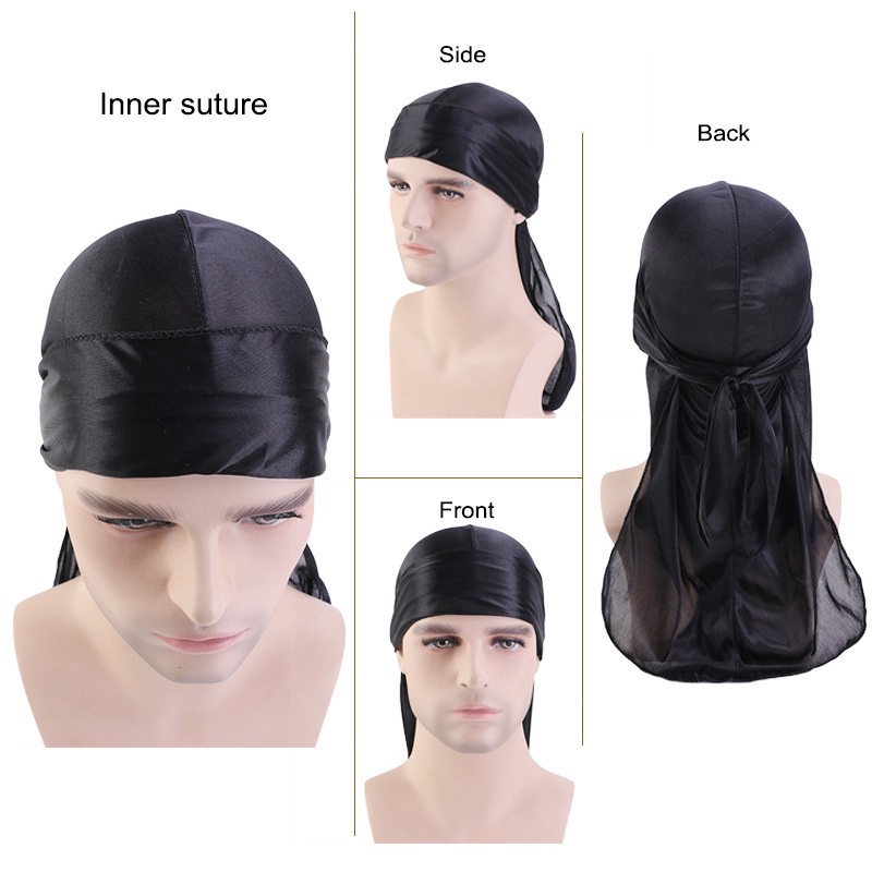 Cola larga Unisex adulto satén Doo trapo Durag pañuelos gorra sombrero de pirata turbante hombres Hip Hop diadema motorista diadema mujeres sombreros