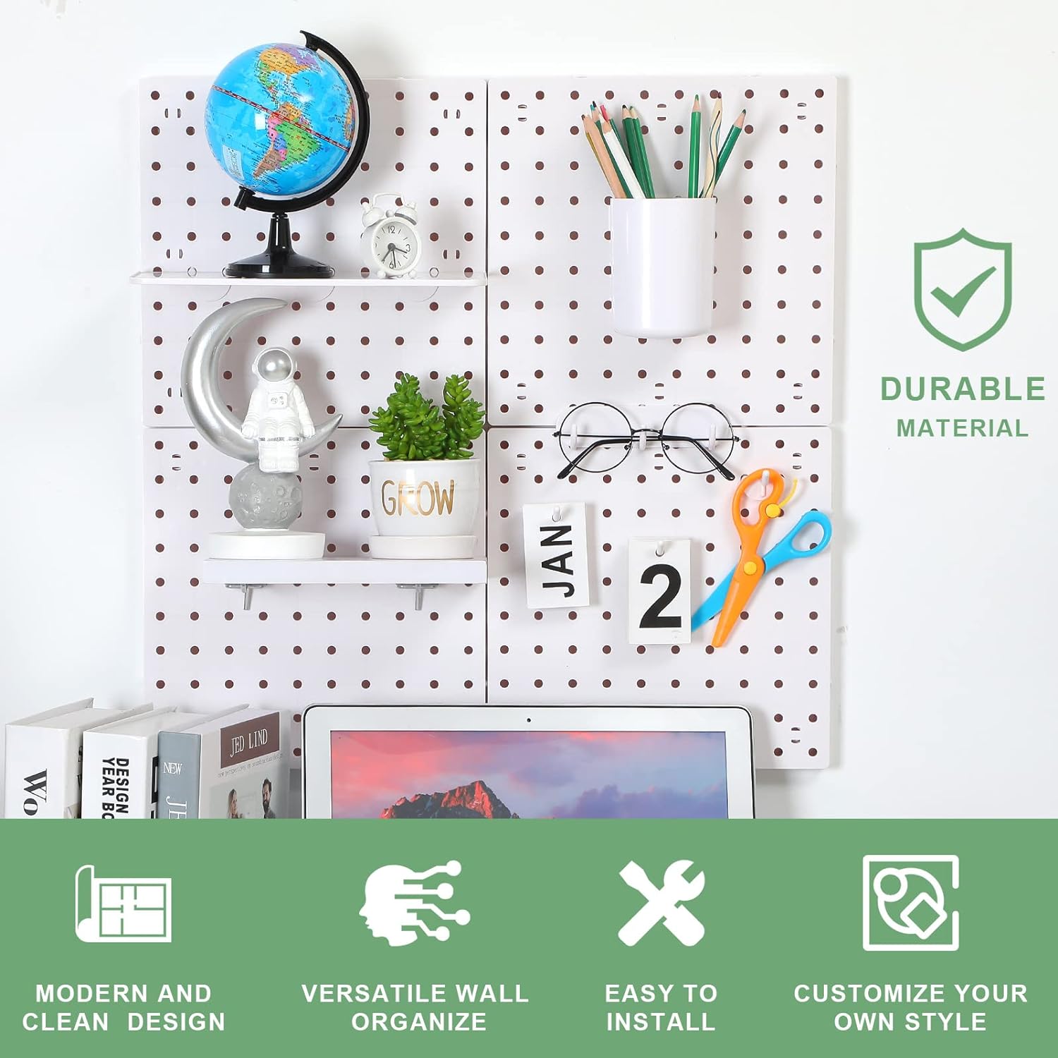 Organizador de estante de pared con tablero de agujeros de plástico, Panel de tablero perforado de exhibición de montaje en pared para dormitorio, estudio, oficina, baño, garaje, 4 Uds.