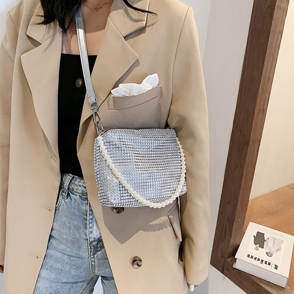 Shiny Rhinestone Crossbody Bag For Women Pearl Handle Tote Bags Female