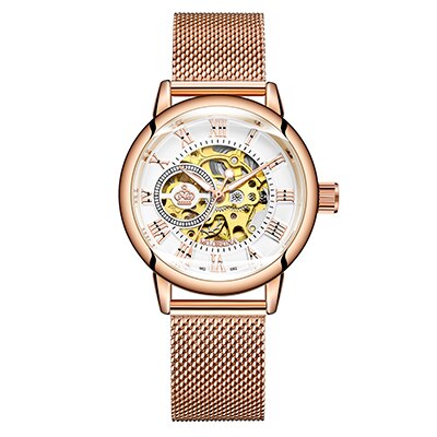 ORKINA Mechanische Frauen Armbinde Uhr Skelett Automatische Armbanduhr Gittergewebe Edelstahl Band Weibliche Uhr schick Reloj Mujer: 082 Rose M