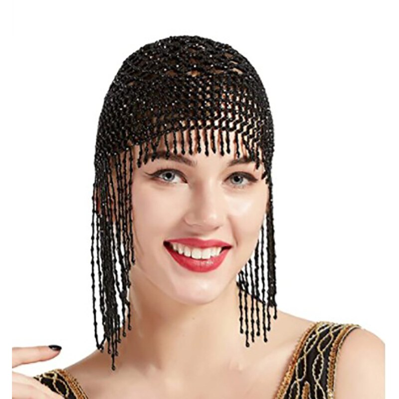 Feecolor 1920s klapper hat retro stil brølende 20s perler eksotiske cleopatra mavedans hovedbeklædning: Sort