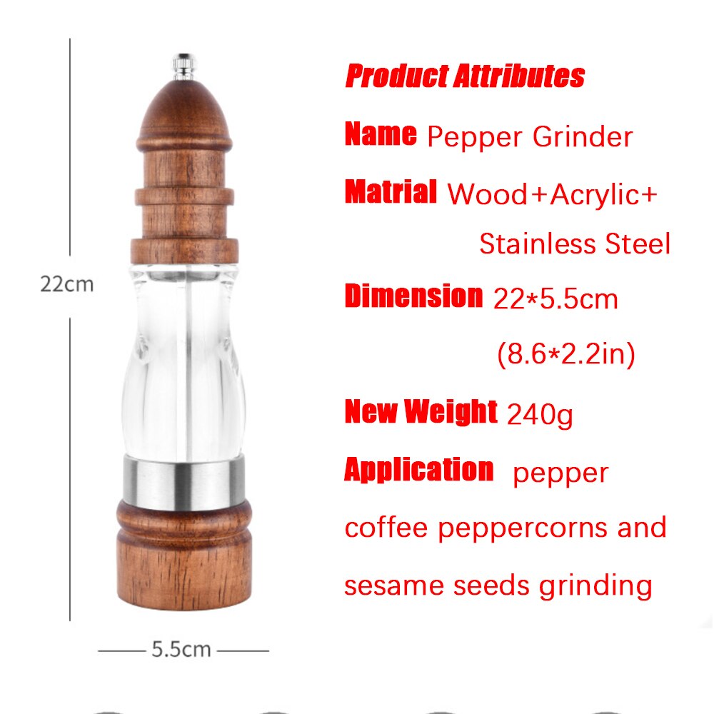 Antieke Peper Zout Molen Grinder Massief Hout En Acryl Fles Hand Keramische Slijpen Mechanisme Spice Peper Keuken Bbq Mills